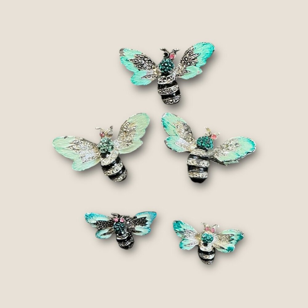 Vintage Estate Lot Of 5 Bee Brooch Pins Rhinestone & Enamel Mixed Set Silver To